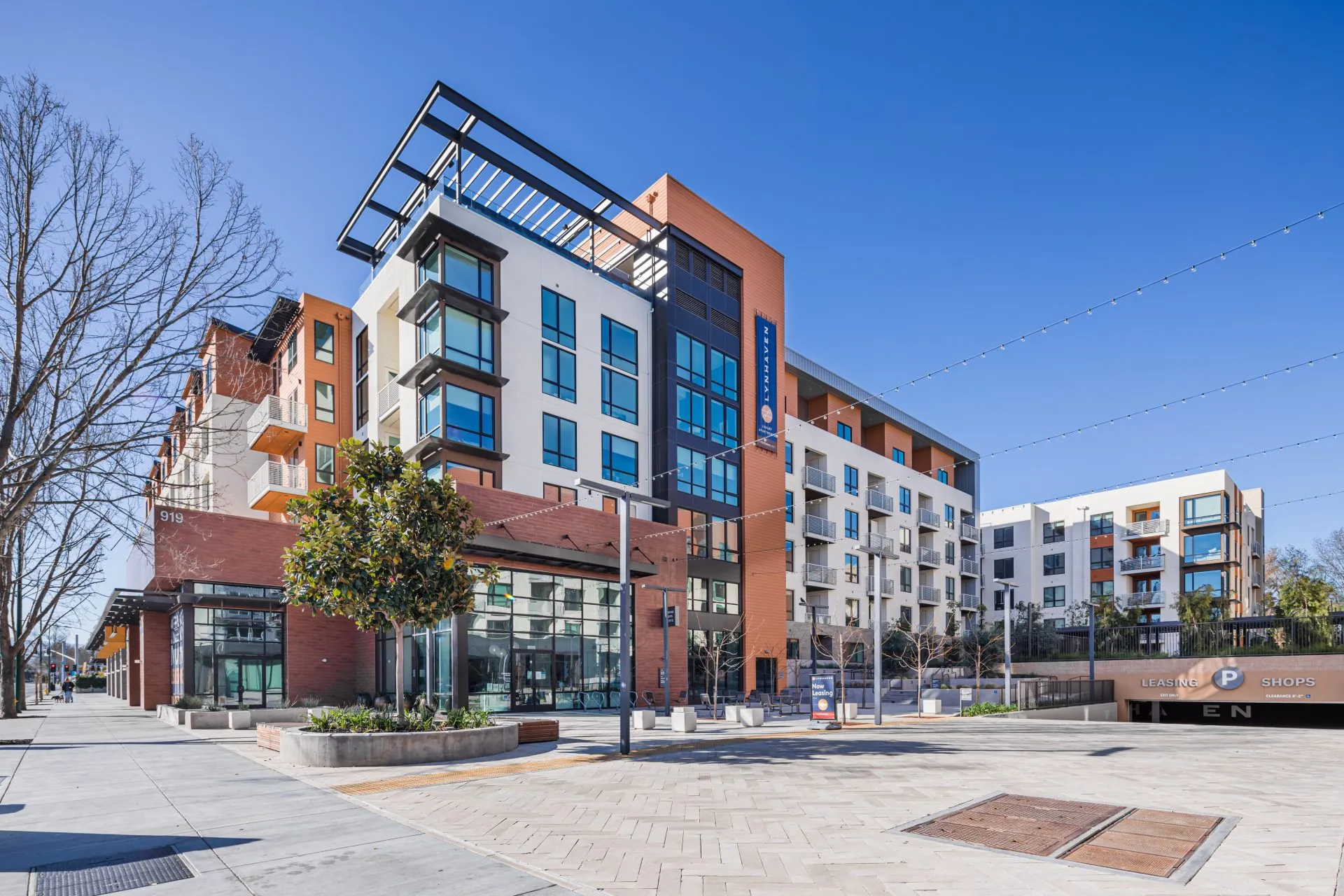 Mixed-use apartment building with a glass corner and rooftop trellis